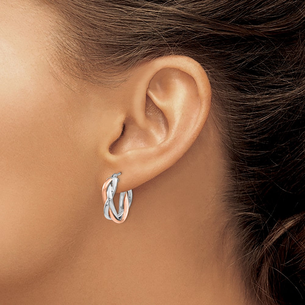 14K Yellow & Rhodium With White And Rose Gold Plating Polished Hinged Hoop Earrings