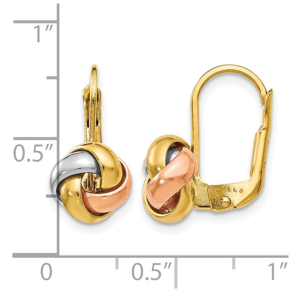 14K Yellow & Rhodium With White And Rose Gold Plated Polished Love Knot Leverback Earrings