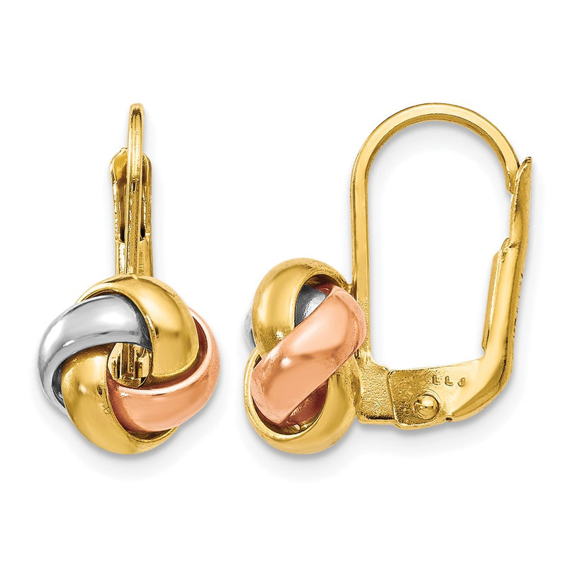 14K Yellow & Rhodium With White And Rose Gold Plated Polished Love Knot Leverback Earrings