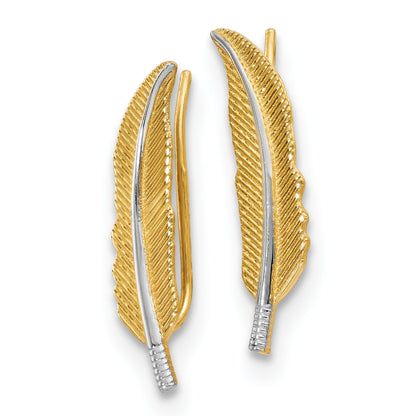 14K Yellow & Rhodium Polished Feather Ear Climber Earrings