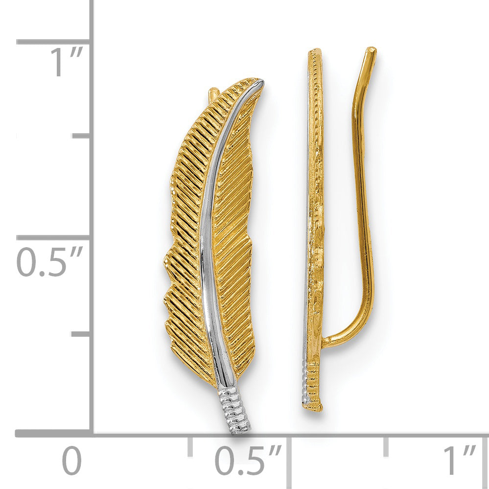 14K Yellow & Rhodium Polished Feather Ear Climber Earrings