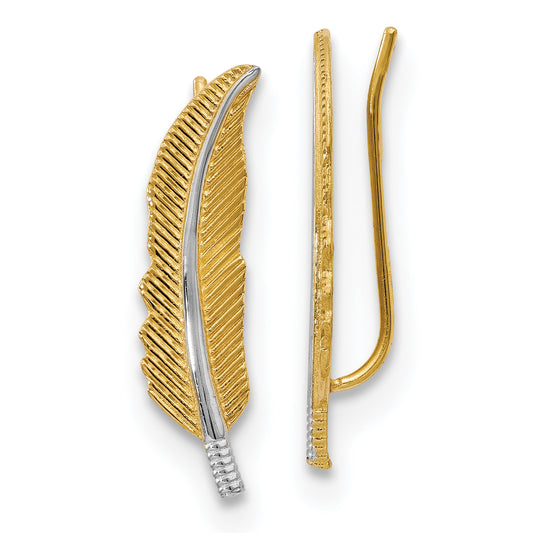 14K Yellow & Rhodium Polished Feather Ear Climber Earrings