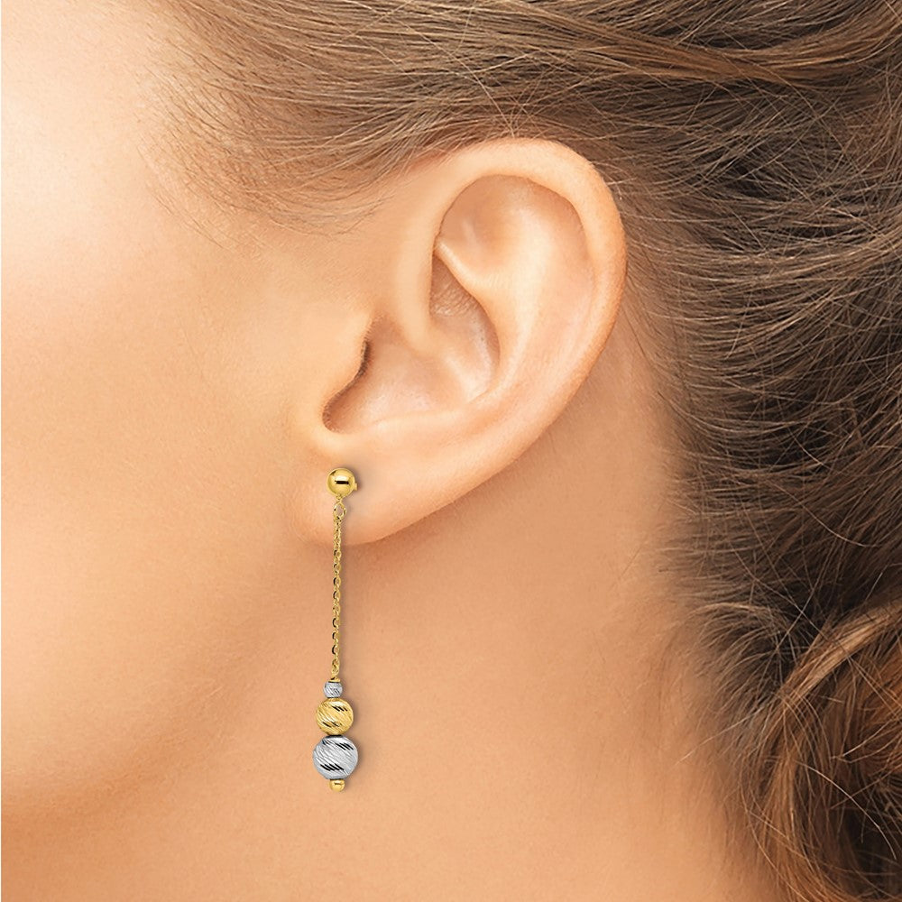 14K Yellow & Rhodium Two Tone Polished And Textured Dangle Earrings