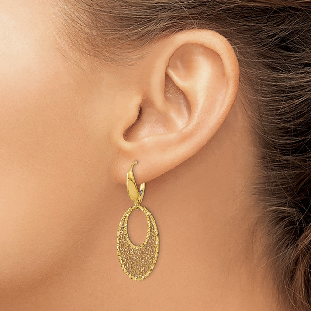 14K Yellow Gold Polished And Textured Floral Leverback Earrings