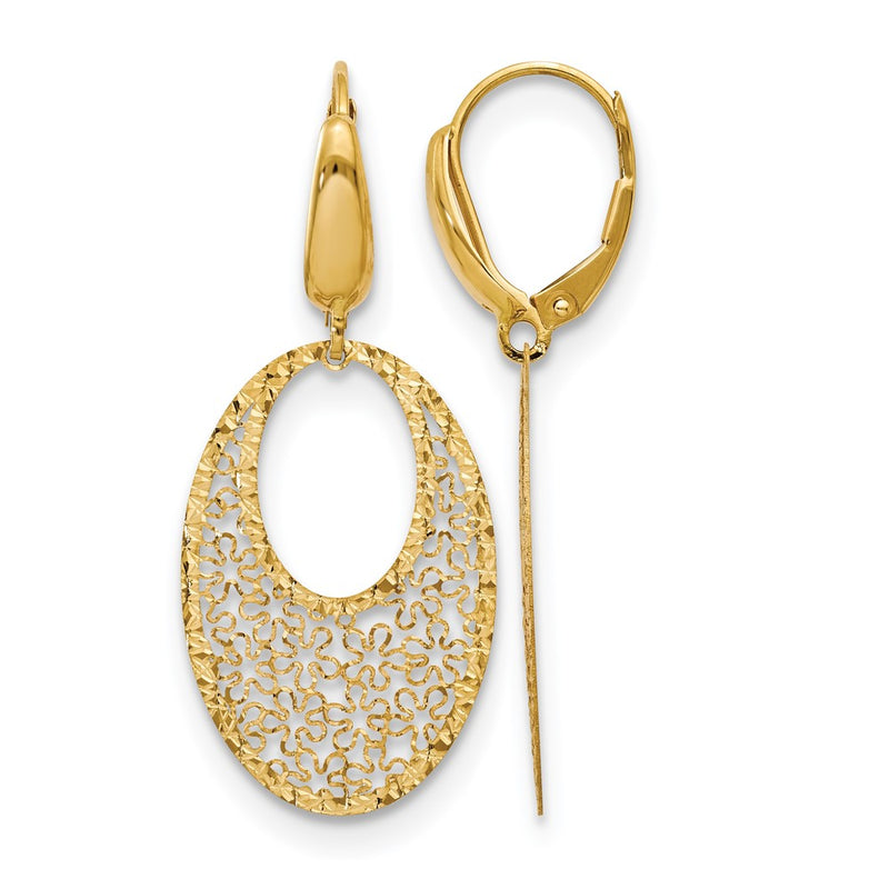 14K Yellow Gold Polished And Textured Floral Leverback Earrings