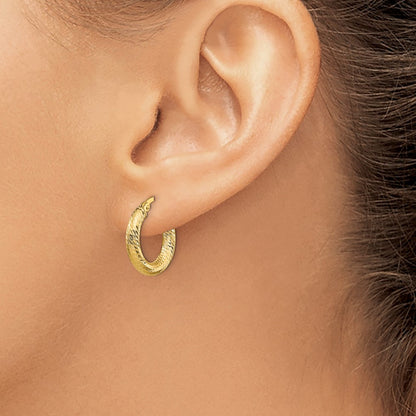 14K Yellow Gold 3X10 D/C Round Hoop Earrings