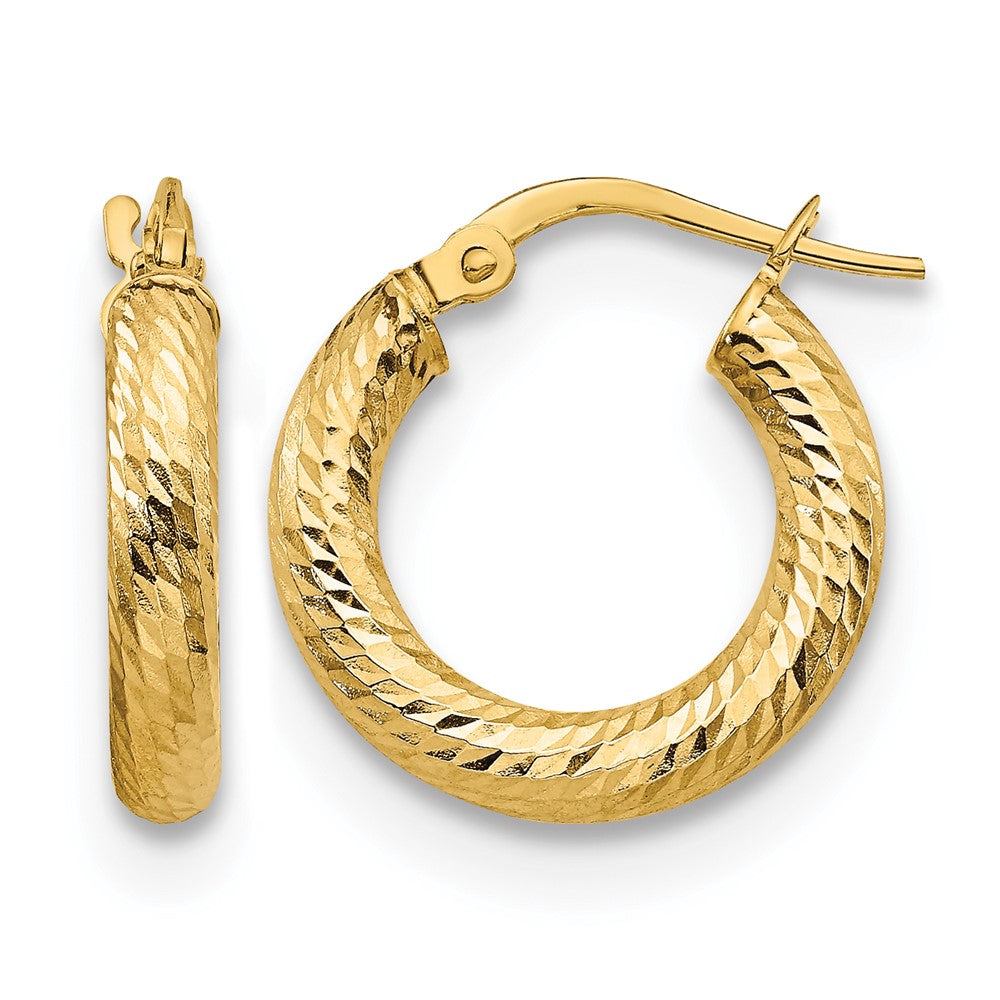 14K Yellow Gold 3X10 D/C Round Hoop Earrings
