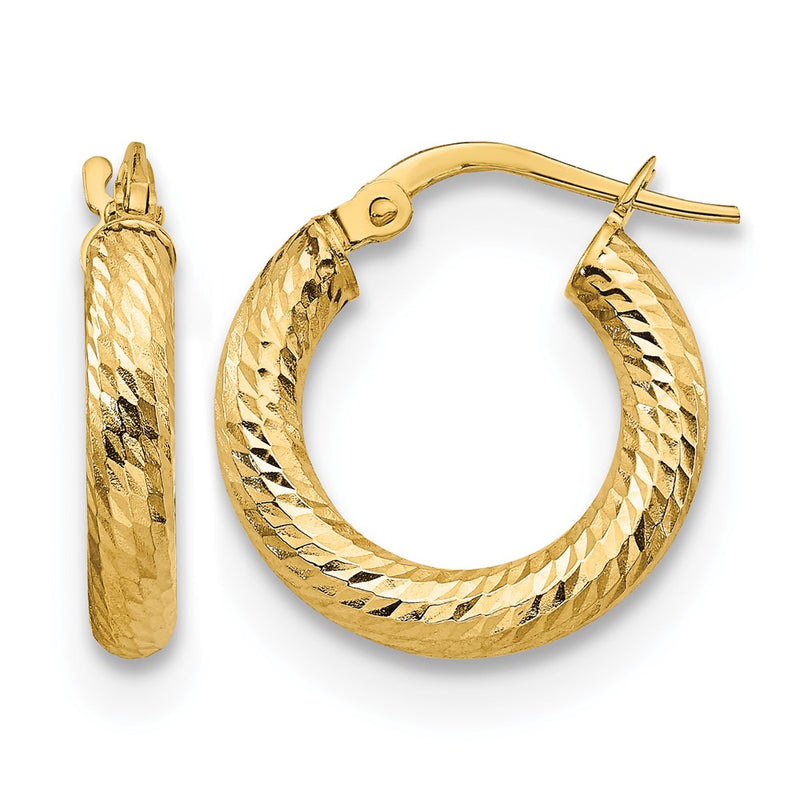 14K Yellow Gold 3X10 D/C Round Hoop Earrings