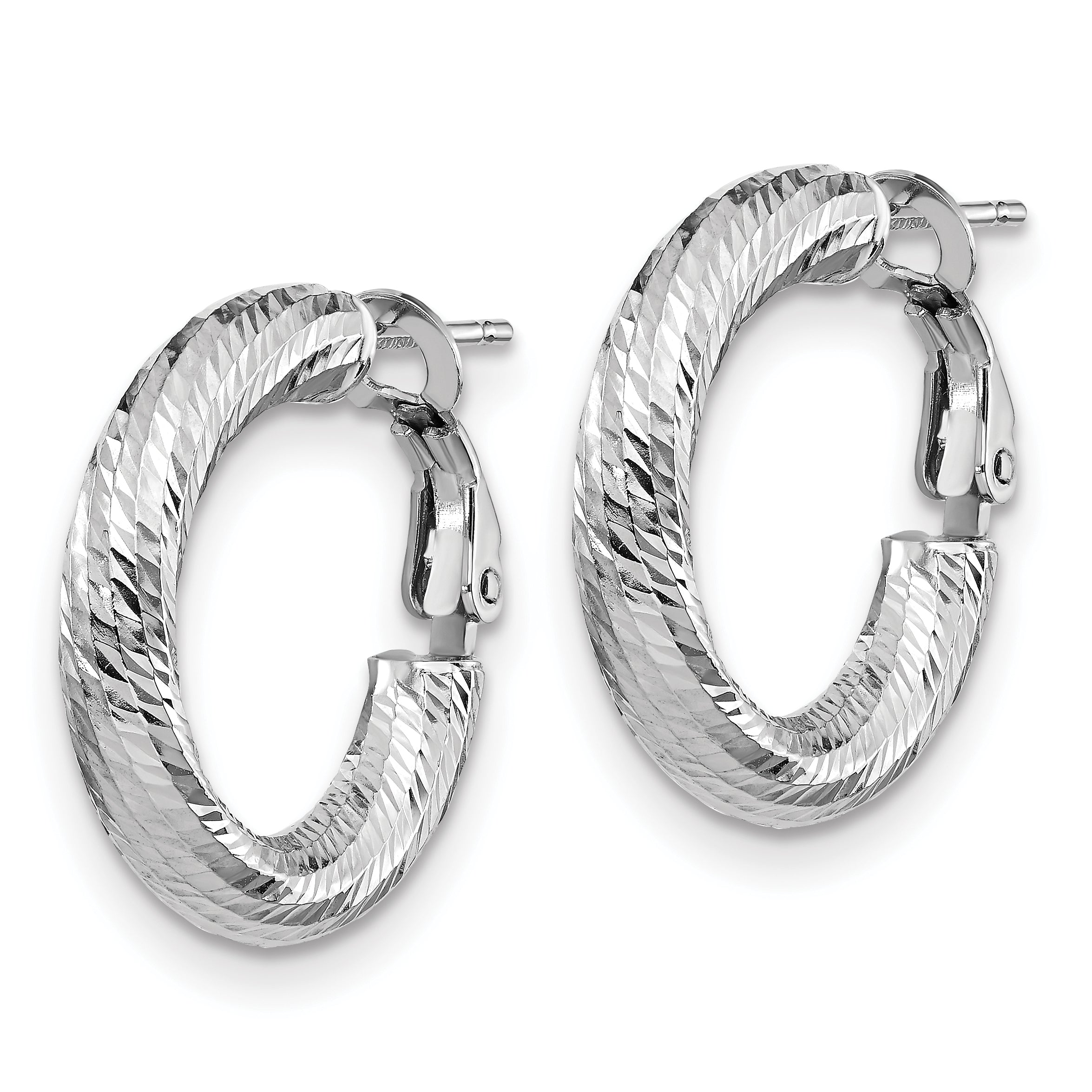 14K White Gold 4X15 D/C Round Omega Back Hoop Earrings