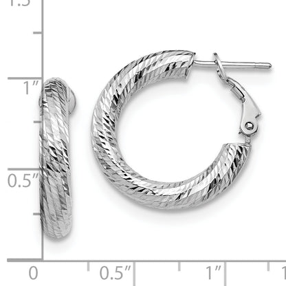 14K White Gold 4X15 D/C Round Omega Back Hoop Earrings