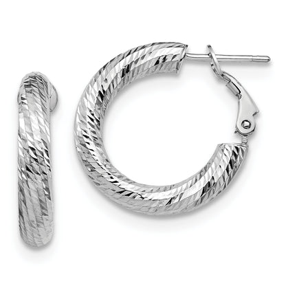 14K White Gold 4X15 D/C Round Omega Back Hoop Earrings