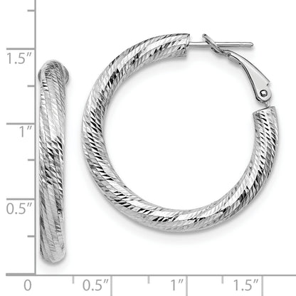 14K White Gold 4X25 D/C Round Omega Back Hoop Earrings