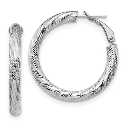 14K White Gold 4X25 D/C Round Omega Back Hoop Earrings