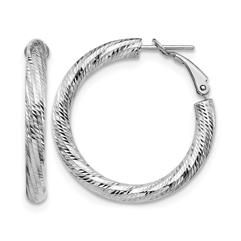 14K White Gold 4X25 D/C Round Omega Back Hoop Earrings