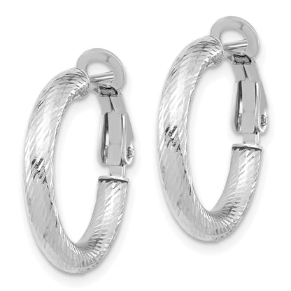 14K Yellow & Rhodium 3X15 W/ White Rhod Plating D/C Round Omega Back Hoop Earrings