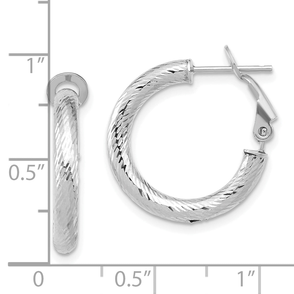 14K Yellow & Rhodium 3X15 W/ White Rhod Plating D/C Round Omega Back Hoop Earrings