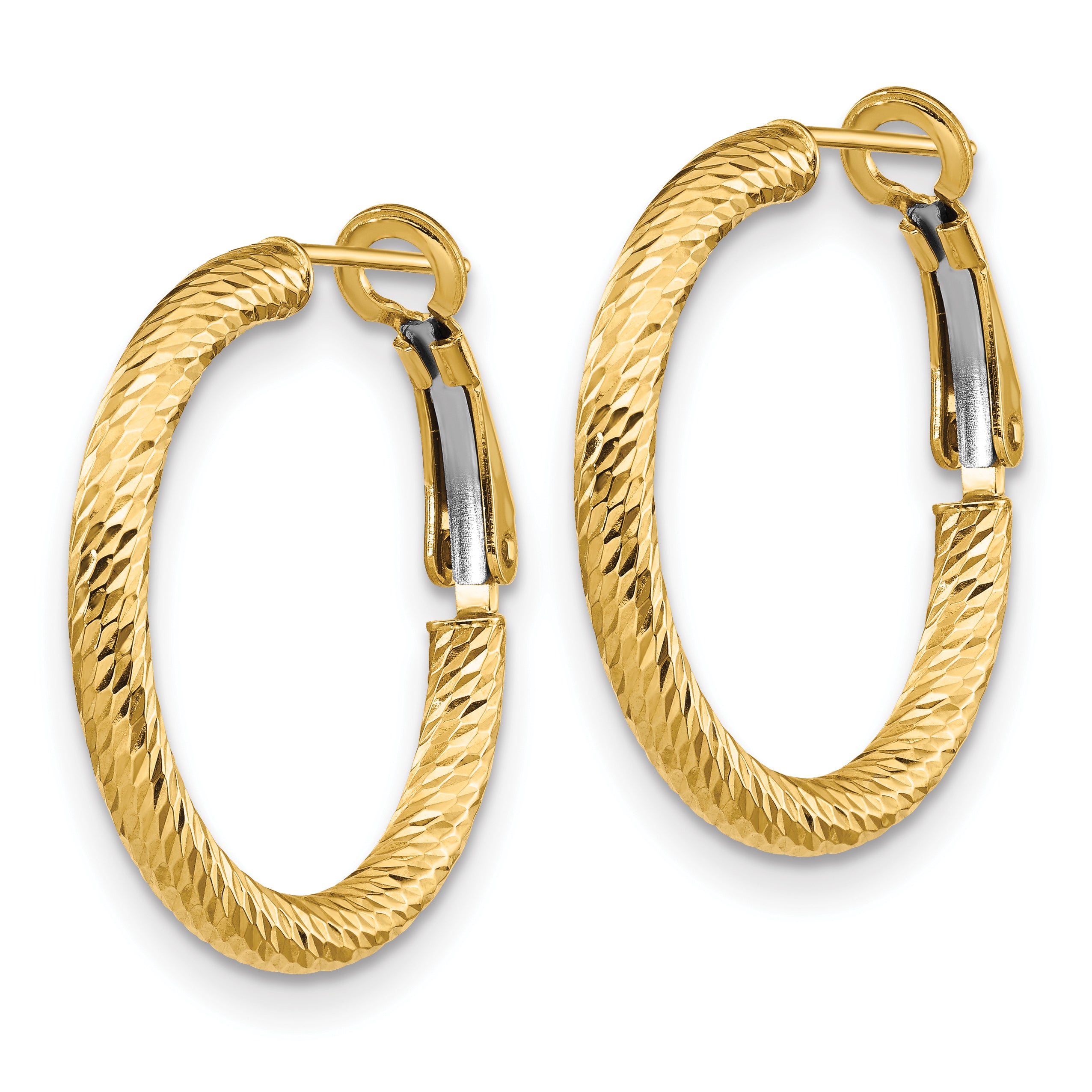 14K Yellow Gold 3X20 D/C Round Omega Back Hoop Earrings