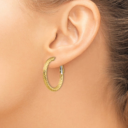 14K Yellow Gold 3X20 D/C Round Omega Back Hoop Earrings
