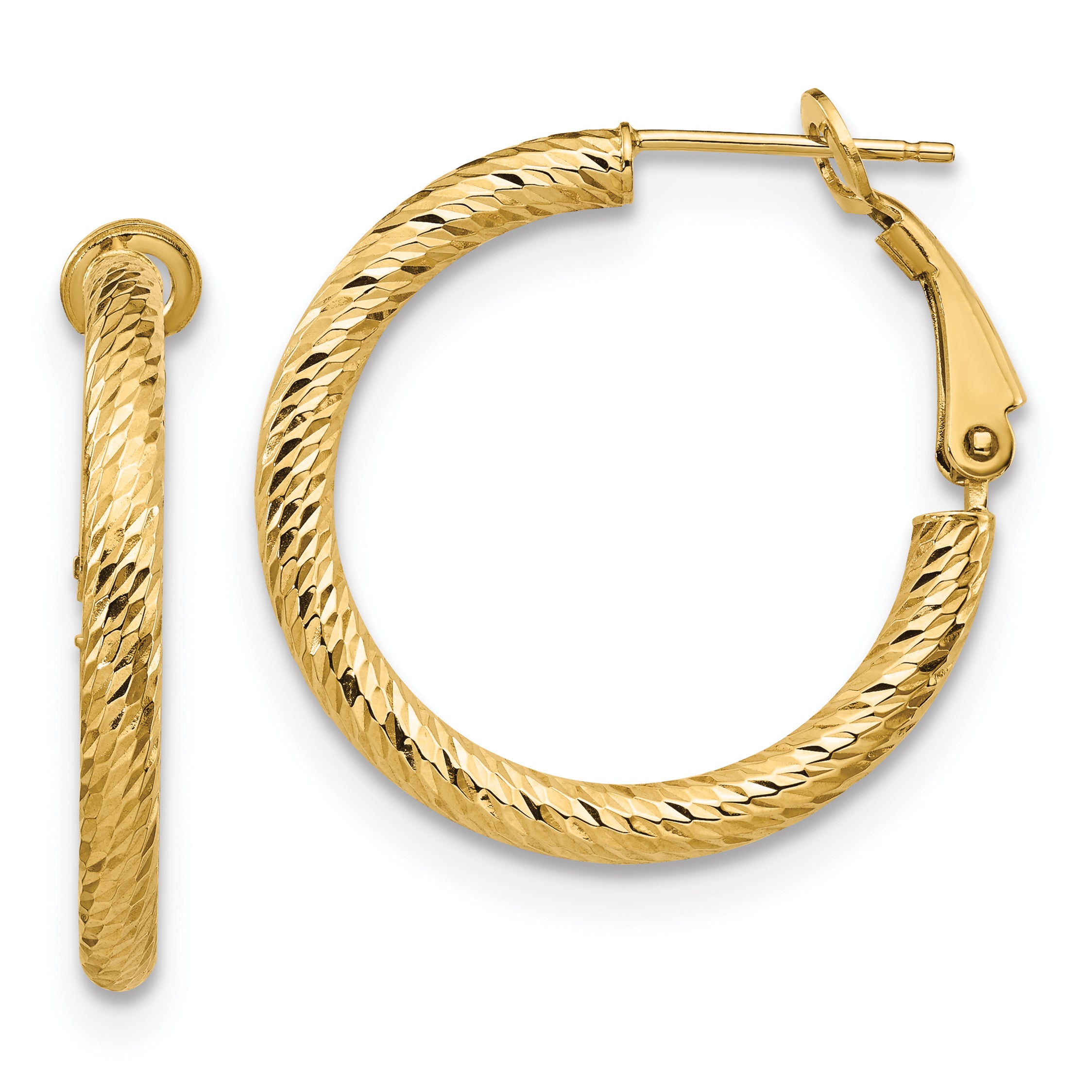 14K Yellow Gold 3X20 D/C Round Omega Back Hoop Earrings