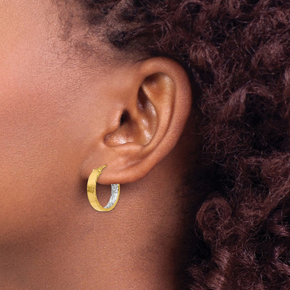 14K Yellow & Rhodium With White Polished And D/C Hoop Earrings