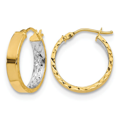 14K Yellow & Rhodium With White Polished And D/C Hoop Earrings