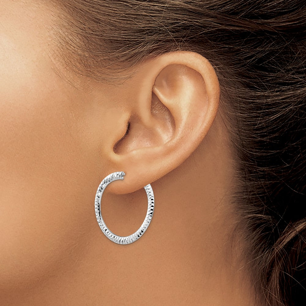 14K White Gold Polished & D/C Flexible Post Hoop Earrings