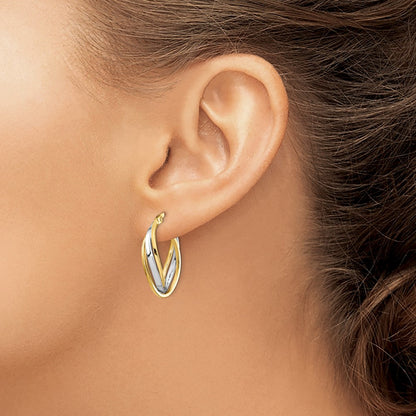 14K Yellow & Rhodium With Polished Oval Hoop Earrings