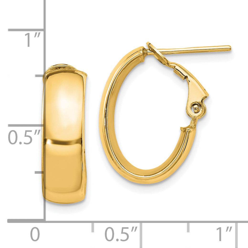 14K Yellow Gold 6mm High Polished Oval Omega Hoop Earrings