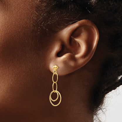 14K Yellow Gold Polished And Textured Post Dangle Earrings