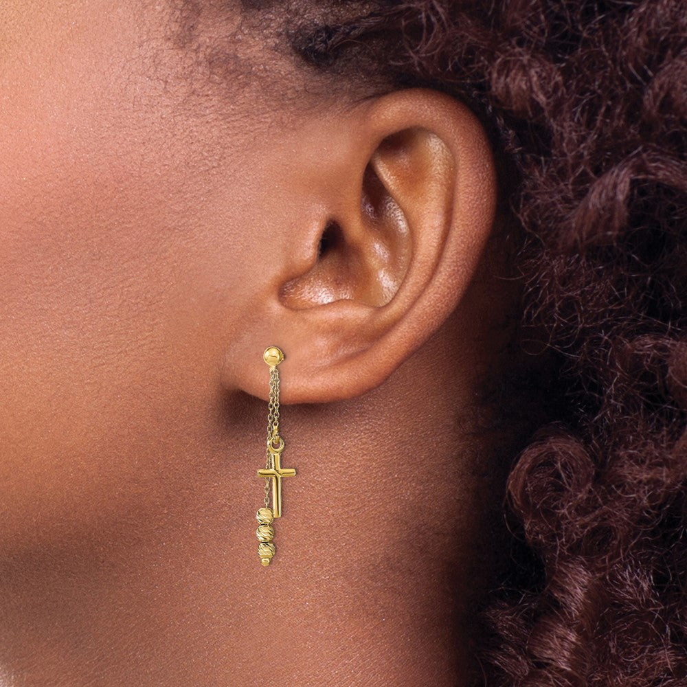14K Yellow Gold Polished D/C Cross Beaded Post Dangle Earrings