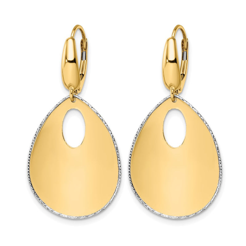 14K Two Tone Polished Textured Leverback Dangle Earrings