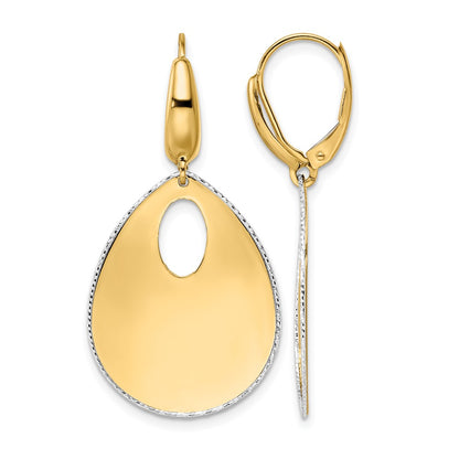 14K Two Tone Polished Textured Leverback Dangle Earrings