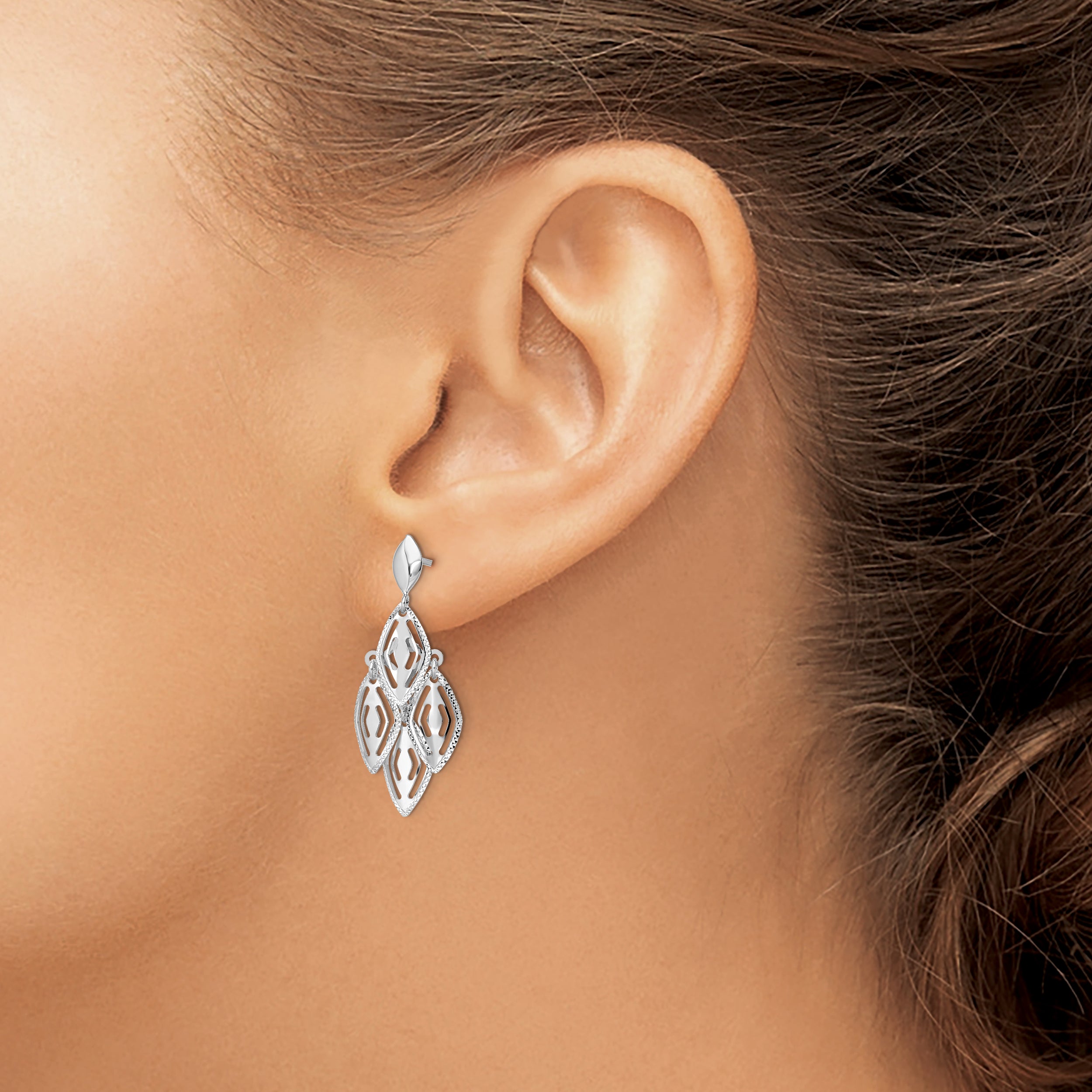 14K White Gold Polished D/C Post Dangle Chandelier Earrings