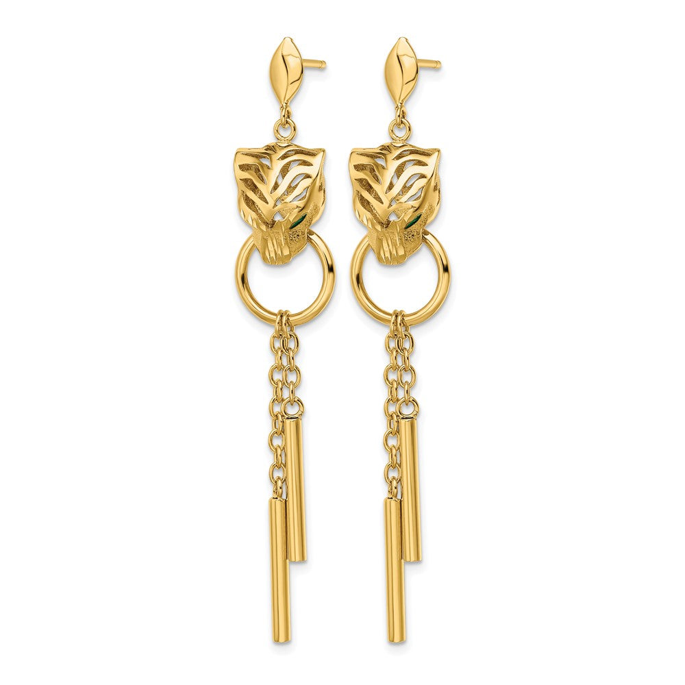 14K Yellow Gold Polished Green Enamel Tiger Post Dangle Earrings