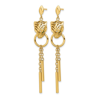 14K Yellow Gold Polished Green Enamel Tiger Post Dangle Earrings