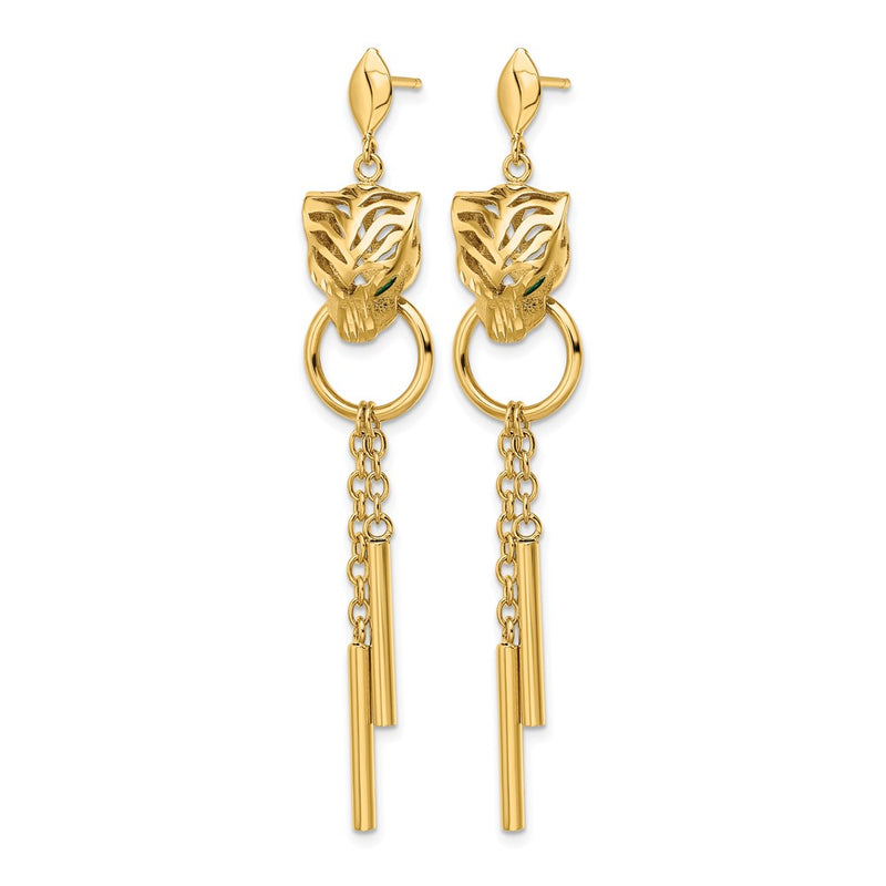 14K Yellow Gold Polished Green Enamel Tiger Post Dangle Earrings