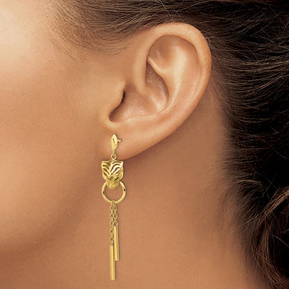 14K Yellow Gold Polished Green Enamel Tiger Post Dangle Earrings