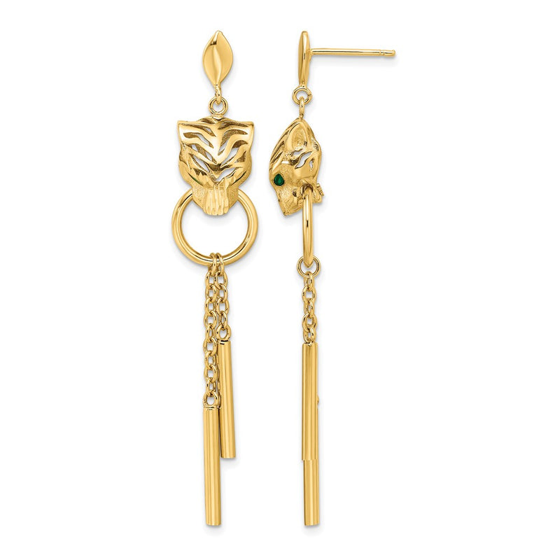 14K Yellow Gold Polished Green Enamel Tiger Post Dangle Earrings