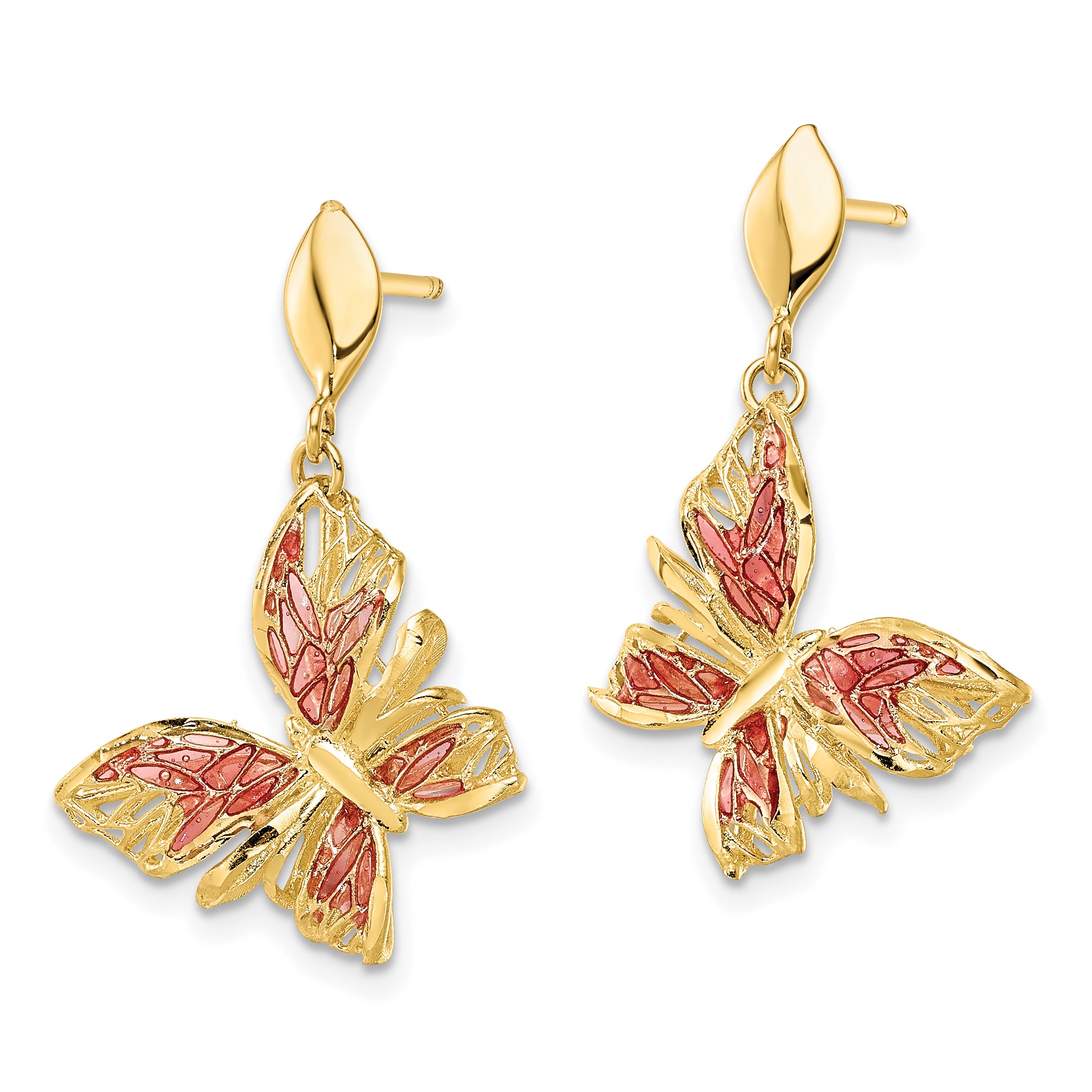 14K Yellow Gold Polished D/C Pink Enamel Butterfly Post Dangle Earrings