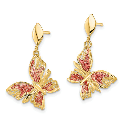 14K Yellow Gold Polished D/C Pink Enamel Butterfly Post Dangle Earrings