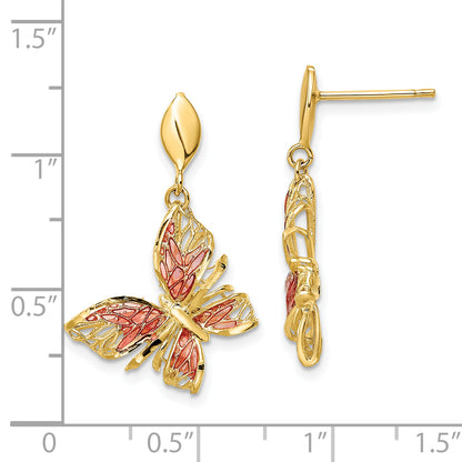 14K Yellow Gold Polished D/C Pink Enamel Butterfly Post Dangle Earrings