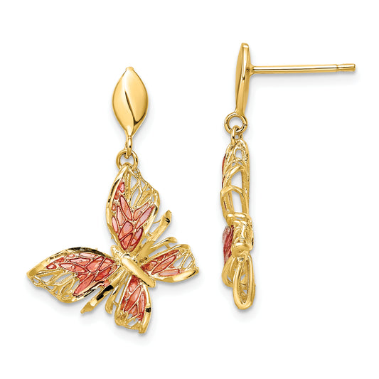 14K Yellow Gold Polished D/C Pink Enamel Butterfly Post Dangle Earrings