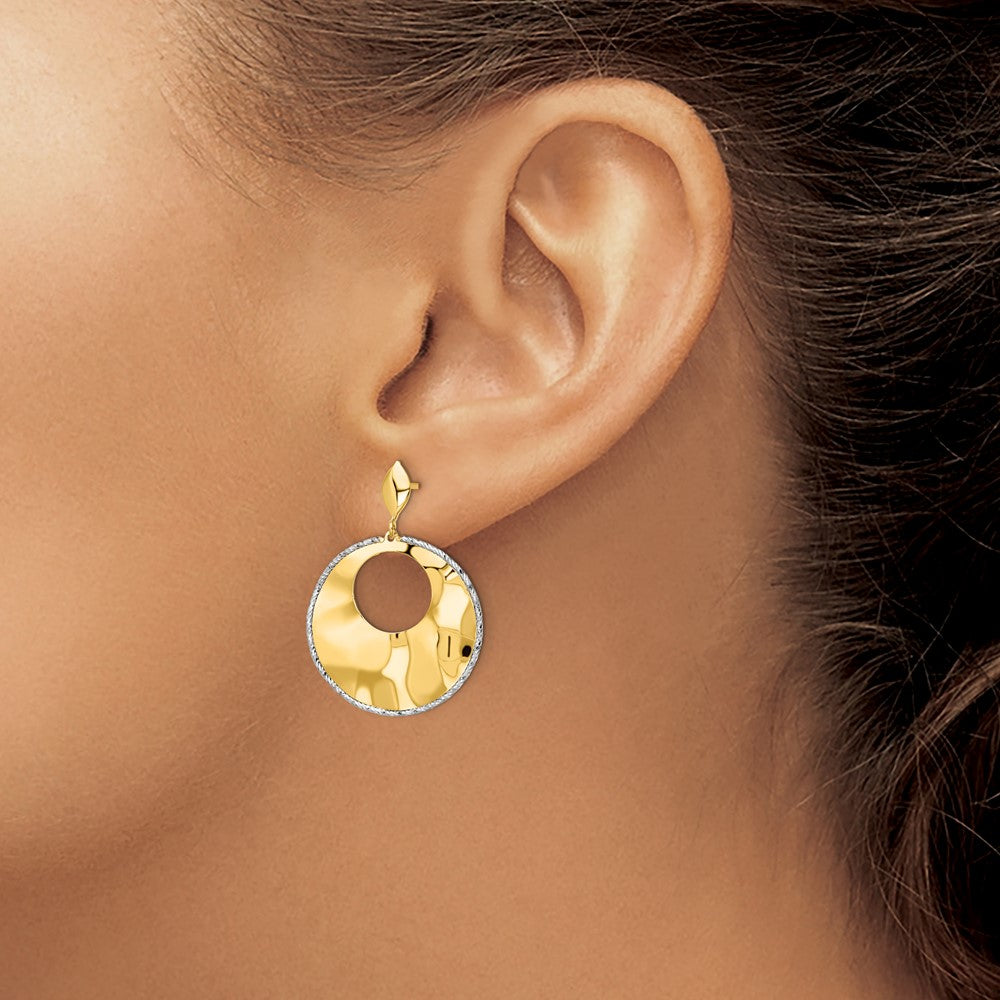 14K Two Tone Polished Textured Post Dangle Earrings