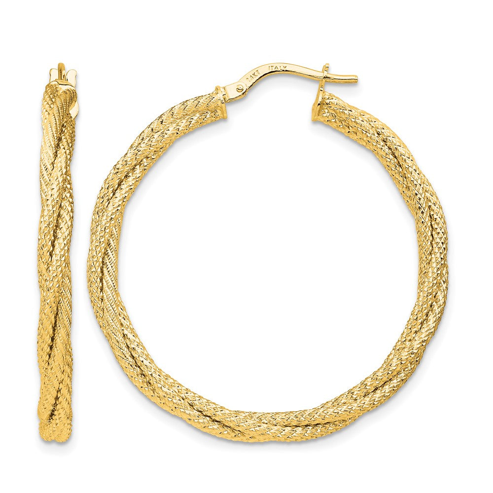 14K Yellow Gold Polished Twisted Textured Hoop Earrings