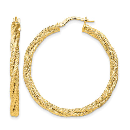 14K Yellow Gold Polished Twisted Textured Hoop Earrings