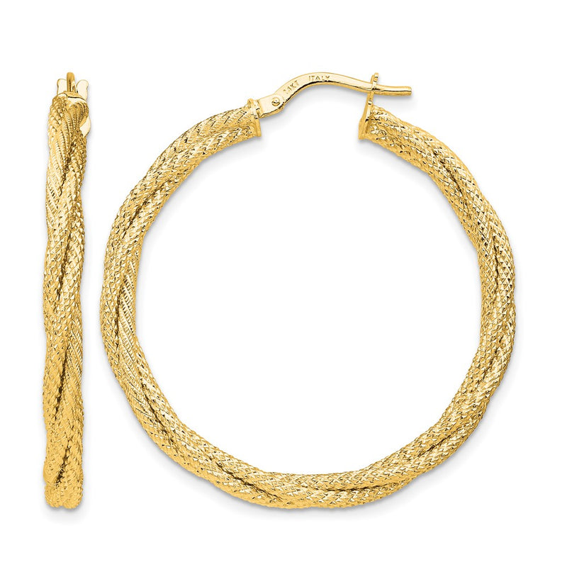 14K Yellow Gold Polished Twisted Textured Hoop Earrings