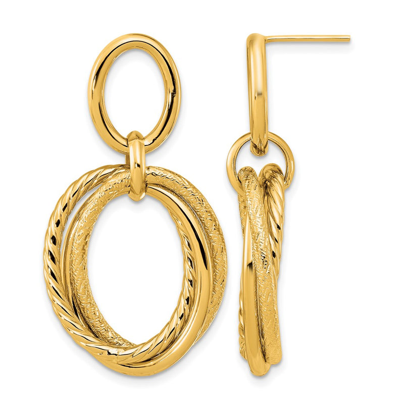 14K Yellow Gold Polished And Textured Post Dangle Earrings
