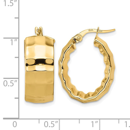 14K Yellow Gold Polished Textured Oval Hoop Earrings