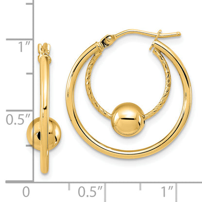 14K Yellow Gold Polished Textured W/ 6mm Ball Hoop Earrings