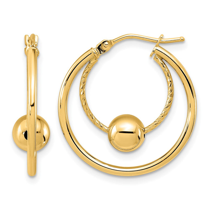 14K Yellow Gold Polished Textured W/ 6mm Ball Hoop Earrings
